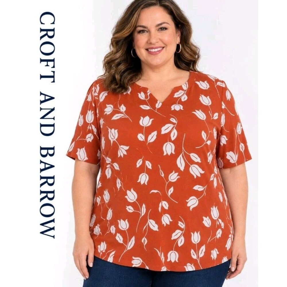 Croft & Barrow Womens 2X Floral Cottage V-Neck 100% Cotton Orange White Tee Top